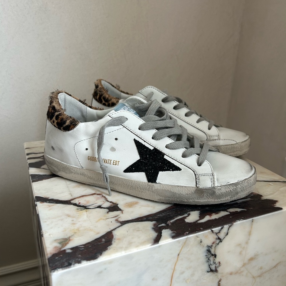 White Sneakers with Black Star and Leopard Detail